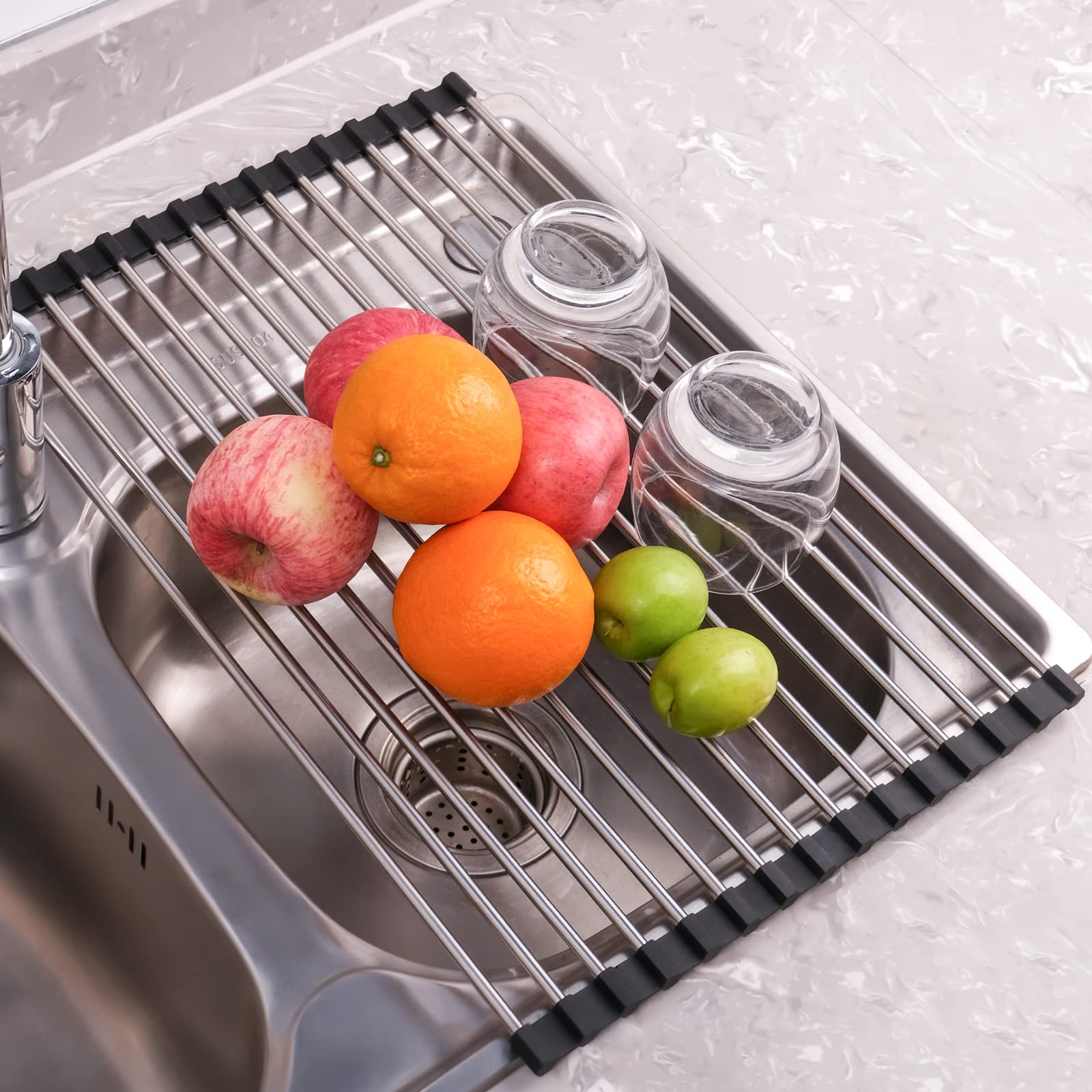 Seropy folding dish drying rack on kitchen counter adds compact storage when not in use.