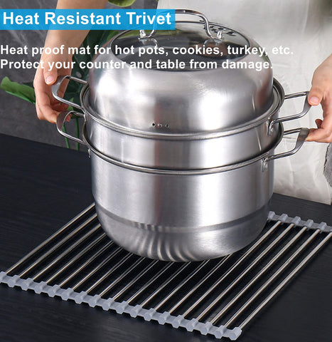 Multi-use kitchen rack serves as dish rack, vegetable colander, or hot-pot mat.