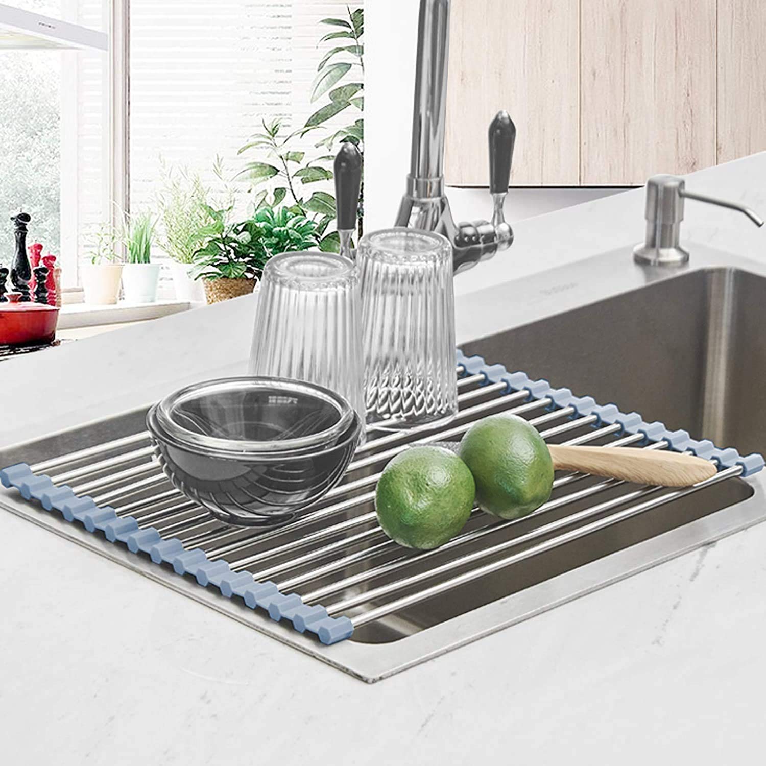 Seropy roll up foldable rack folded compact to save counter space.