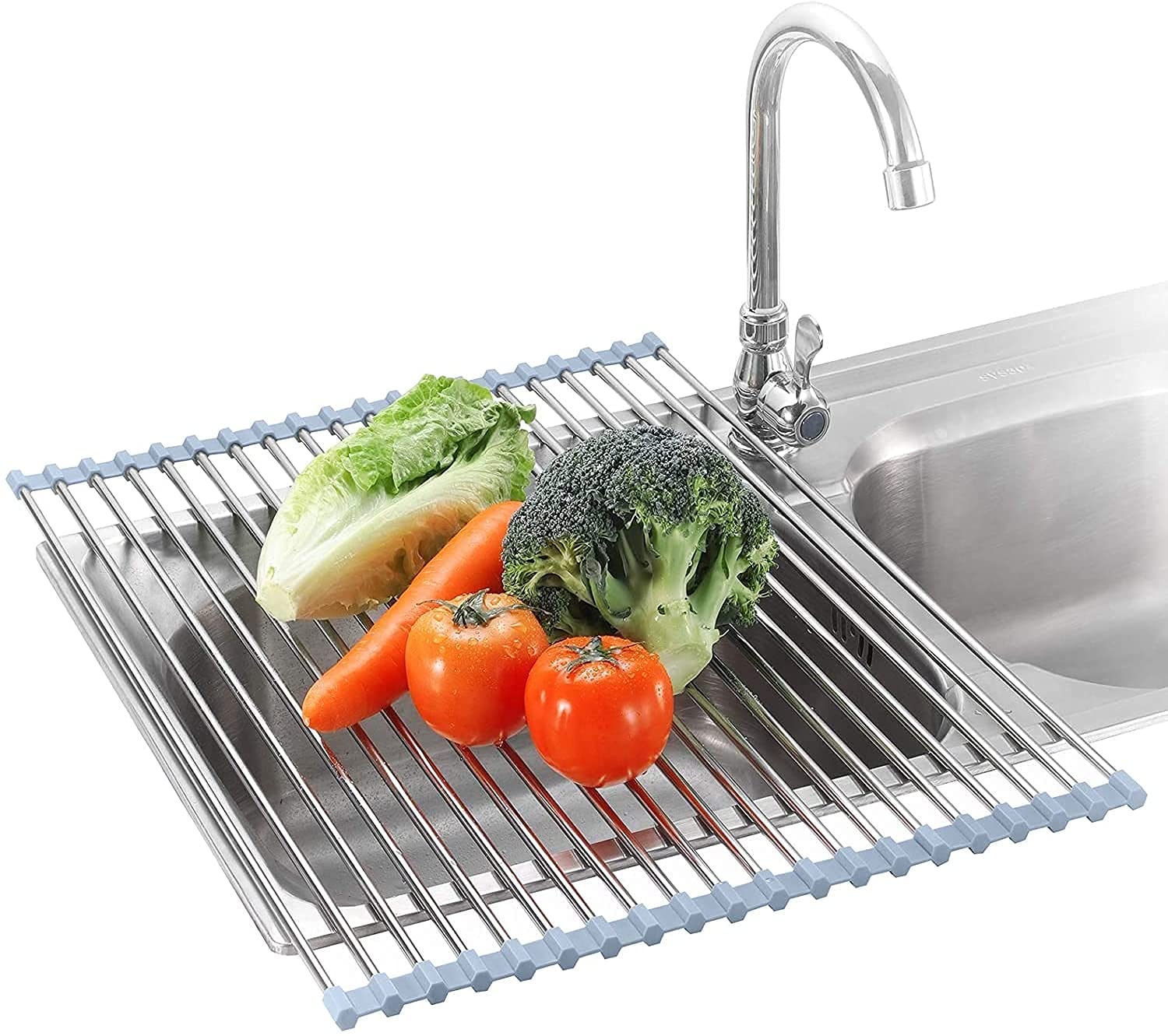 Seropy roll-up dish drying rack over sink demonstrates space-saving over-sink solution.