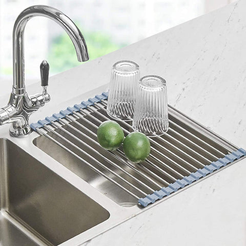 Seropy roll up dish drying rack over sink assembly for organized kitchen space.