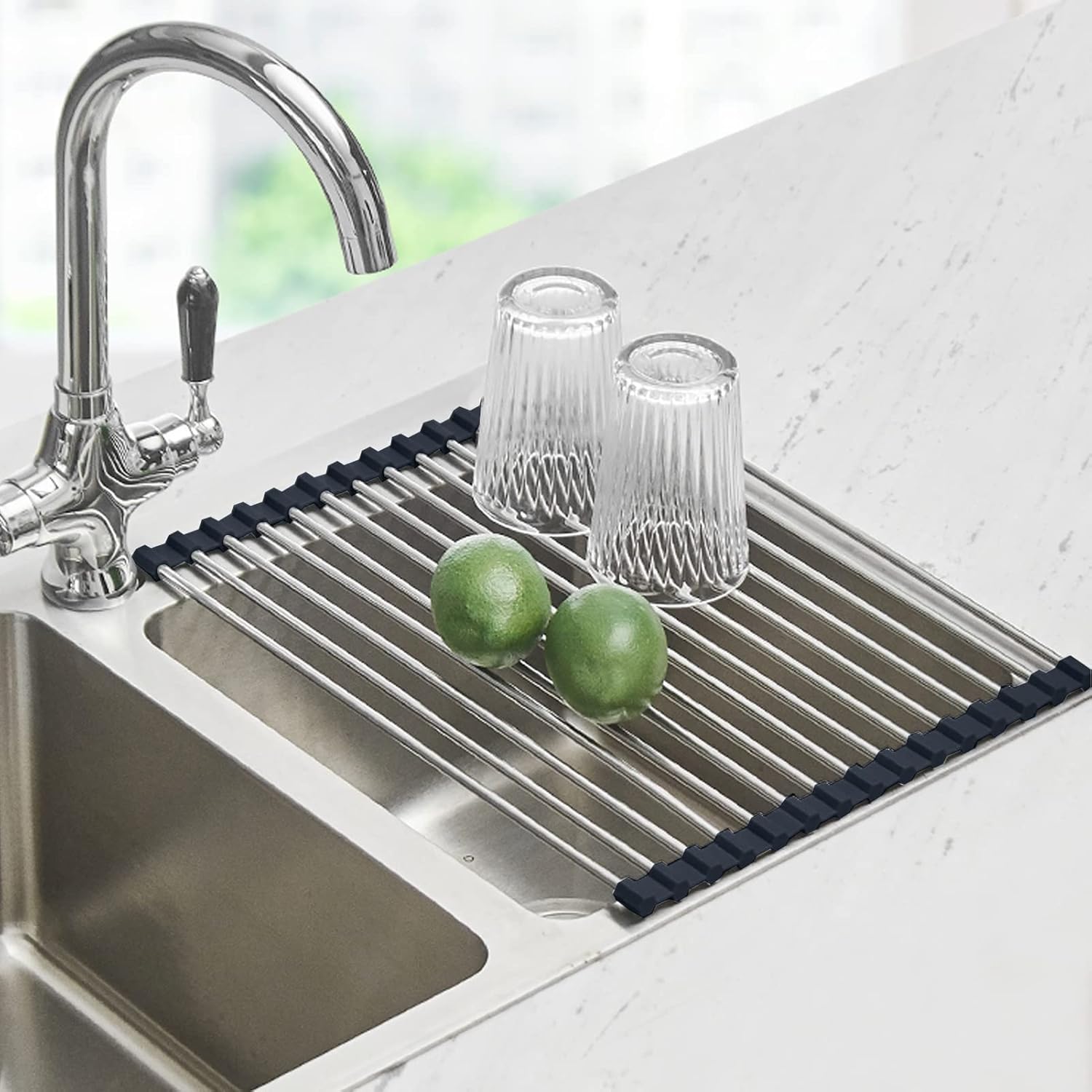 Seropy roll up dish drying rack over sink in extended view highlighting space saving