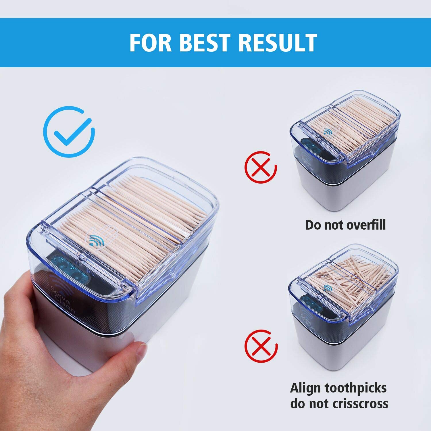 Serve Clean Dispenser delivering a single toothpick into the hand