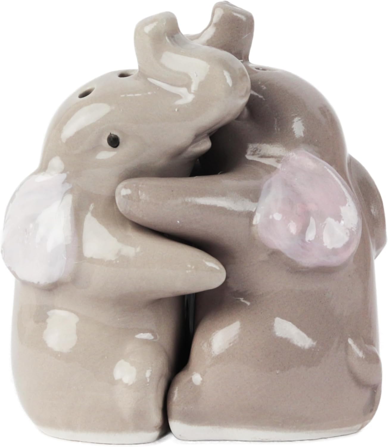 Servette Home Hugging Elephants salt and pepper shakers front view for playful kitchen decor.
