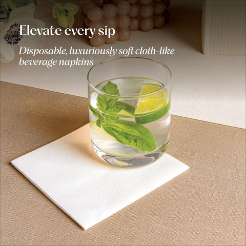 Servietto linen-feel beverage napkins unfolded 10x10 on a venue table.