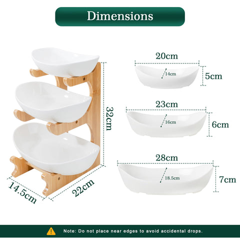 Seven Sparta three-tier ceramic bowls for organized fruit storage.