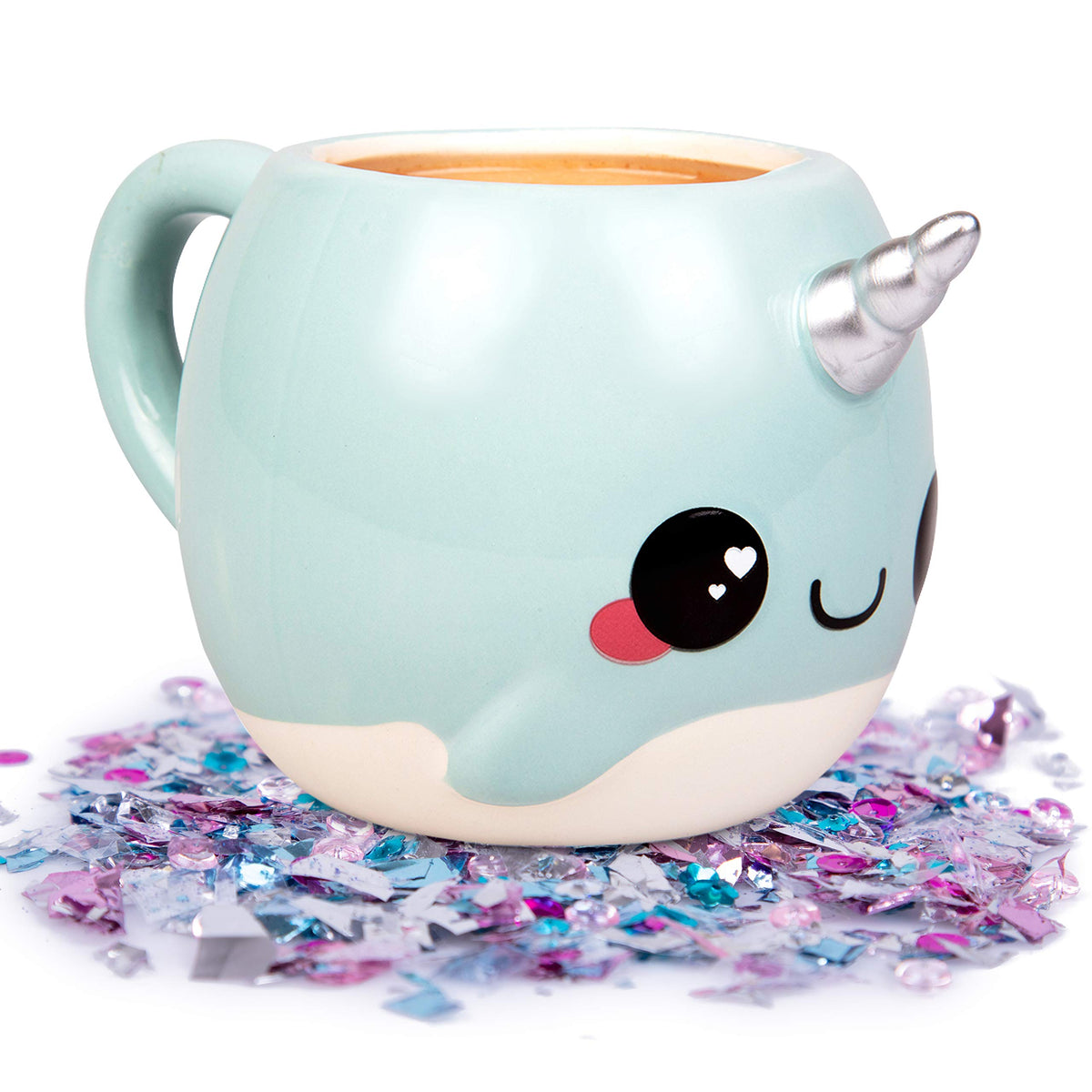 Seven20 Glitter Galaxy Narwhal mug front view with 18 oz capacity for generous mornings