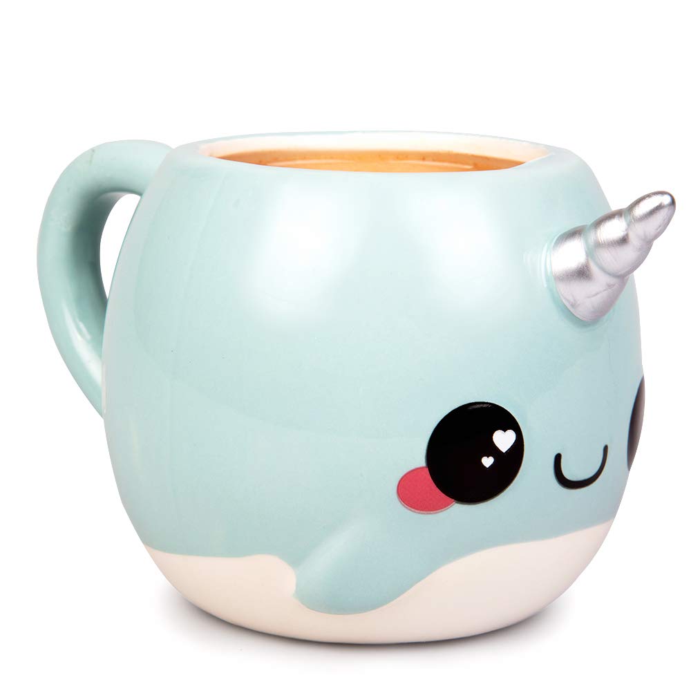 Seven20 Glitter Galaxy Narwhal mug side view with blue glaze and unicorn horn accent