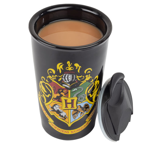 Seven20 Hogwarts travel mug crest-back view; keeps beverages warm during travel or school days.