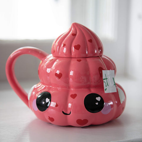 Seven20 Poop Emoji mug with lid, pink hearts swirl, ideal for tea and coffee rituals.