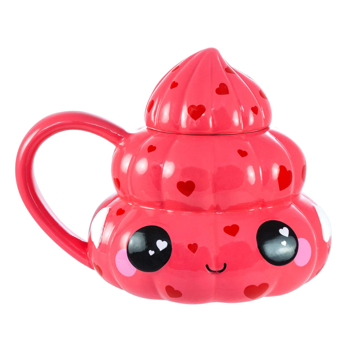 Seven20 Poop Emoji mug with lid, pink hearts swirl, keeps coffee hot.