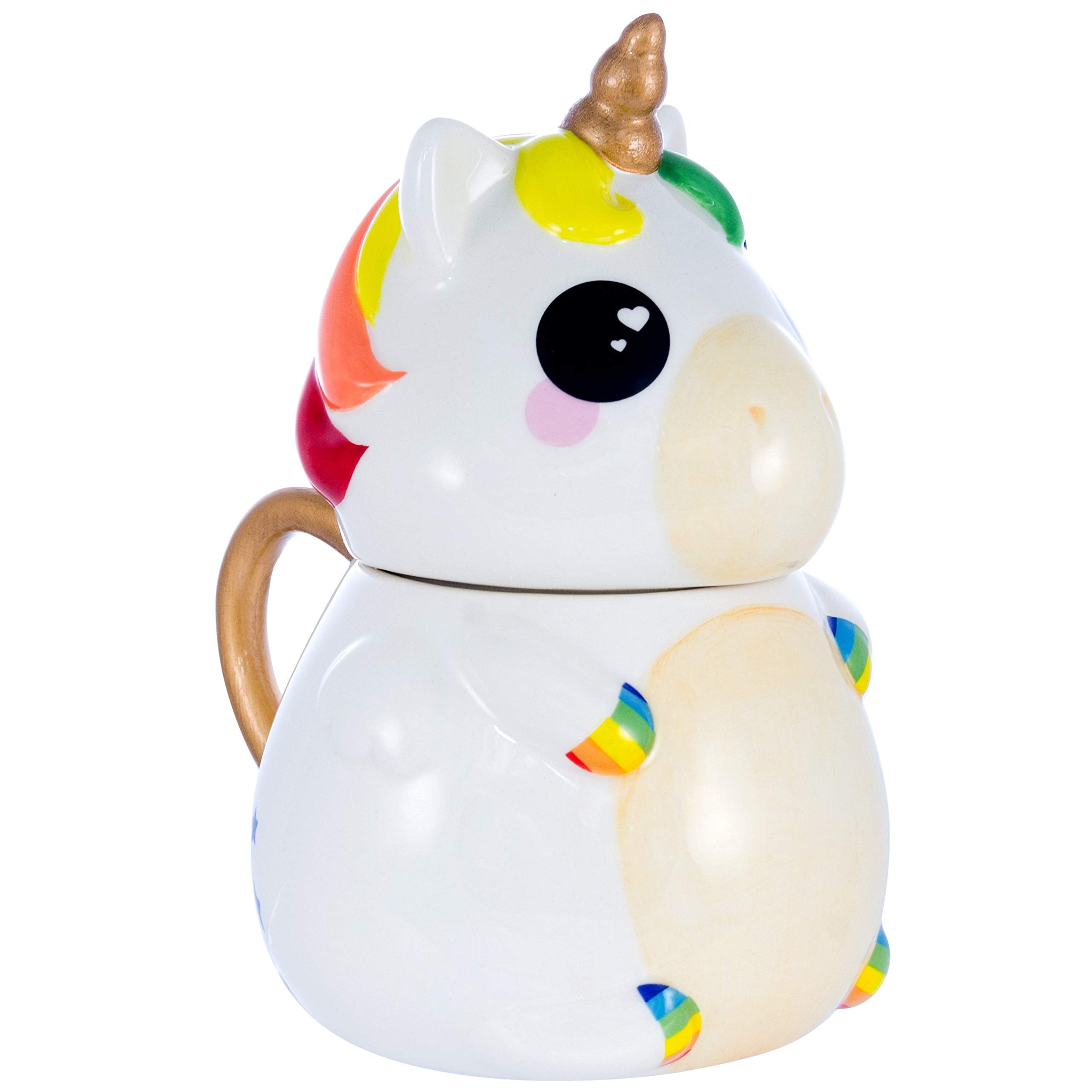 Seven20 Rainbow Unicorn Mug with Lid showcases the vivid lid design for spill prevention.