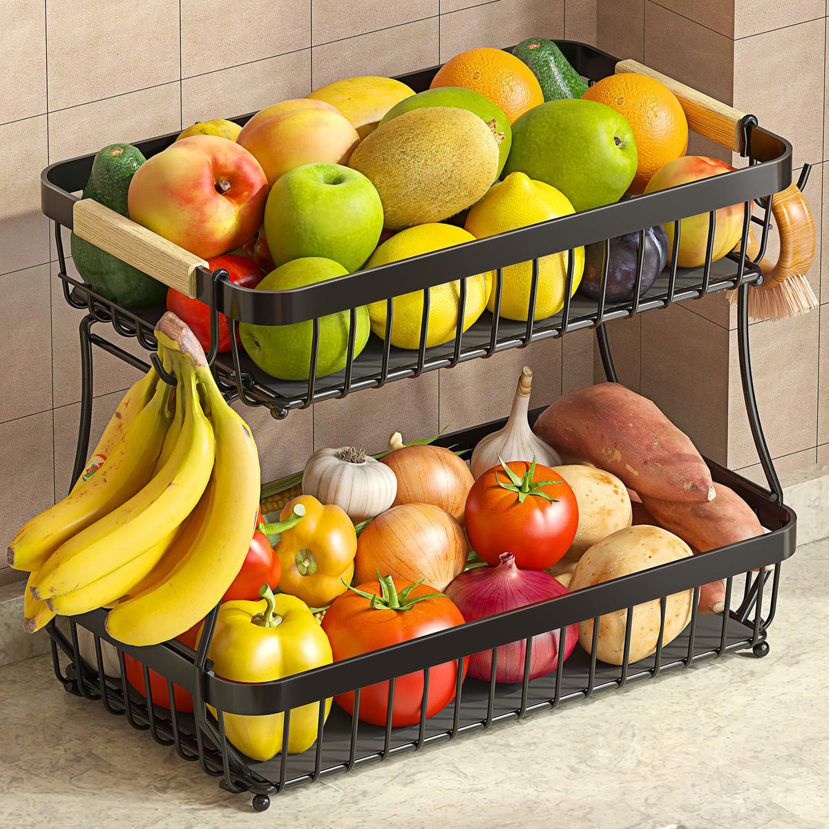 Sevenblue 2-tier fruit basket with black banana-hangers for organized counter storage