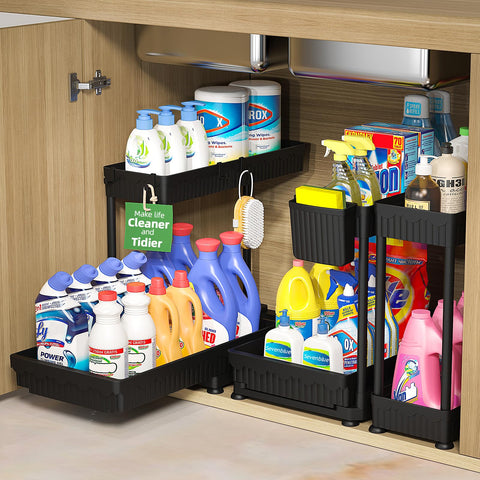 Sevenblue 3-pack under-sink organizers with L-shaped design maximize space under cabinets.