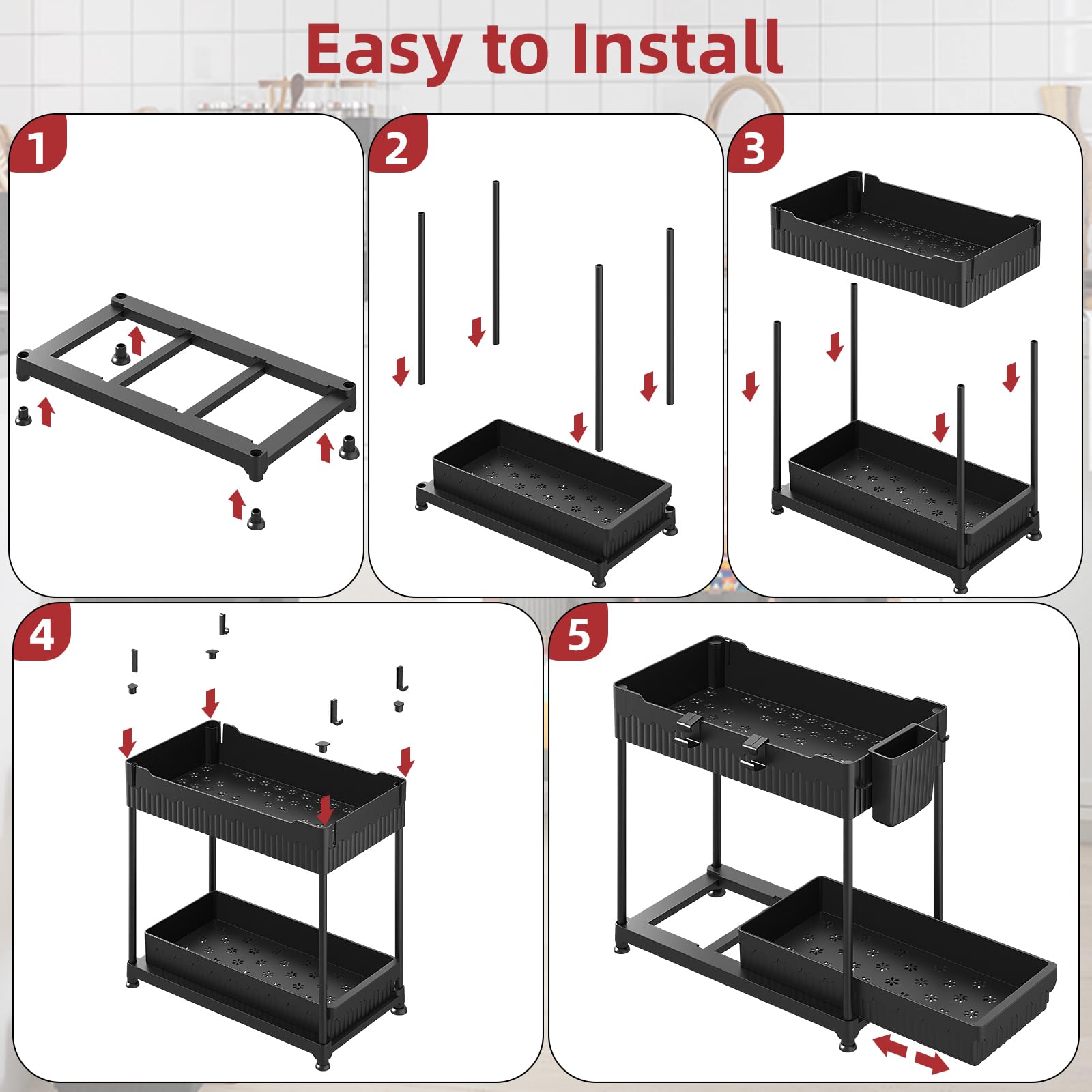 Sevenblue black kitchen and bathroom storage aids versatile use in busy homes.
