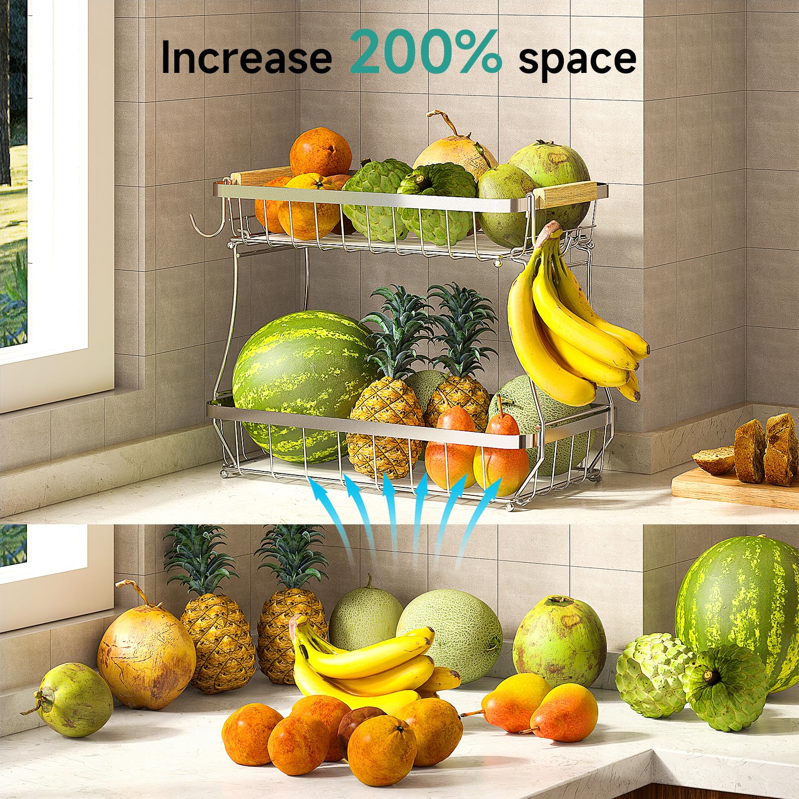 Sevenblue Gift-ready fruit stand enhances a stylish kitchen display.
