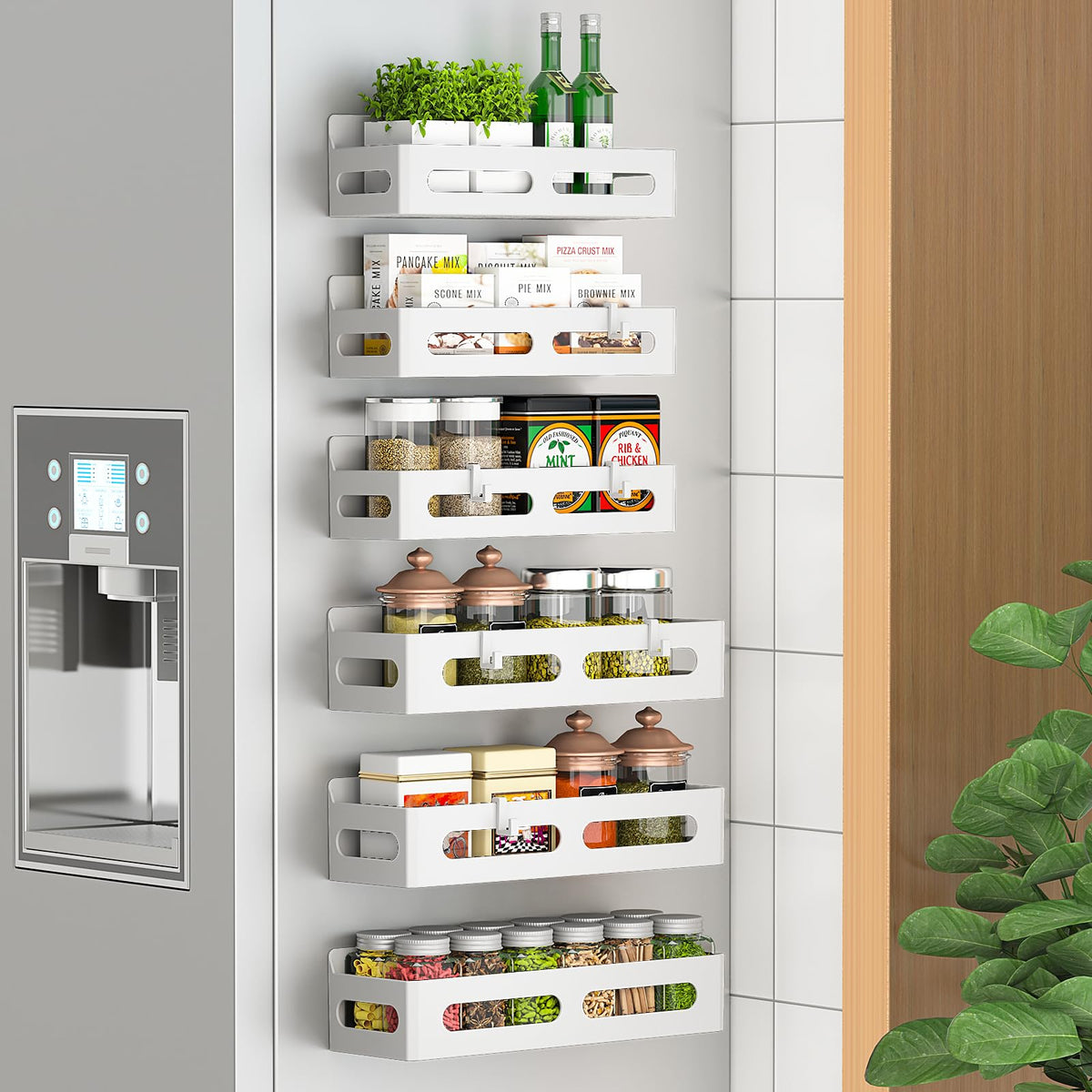 Sevenblue magnetic spice rack attached to fridge door for easy spice access.