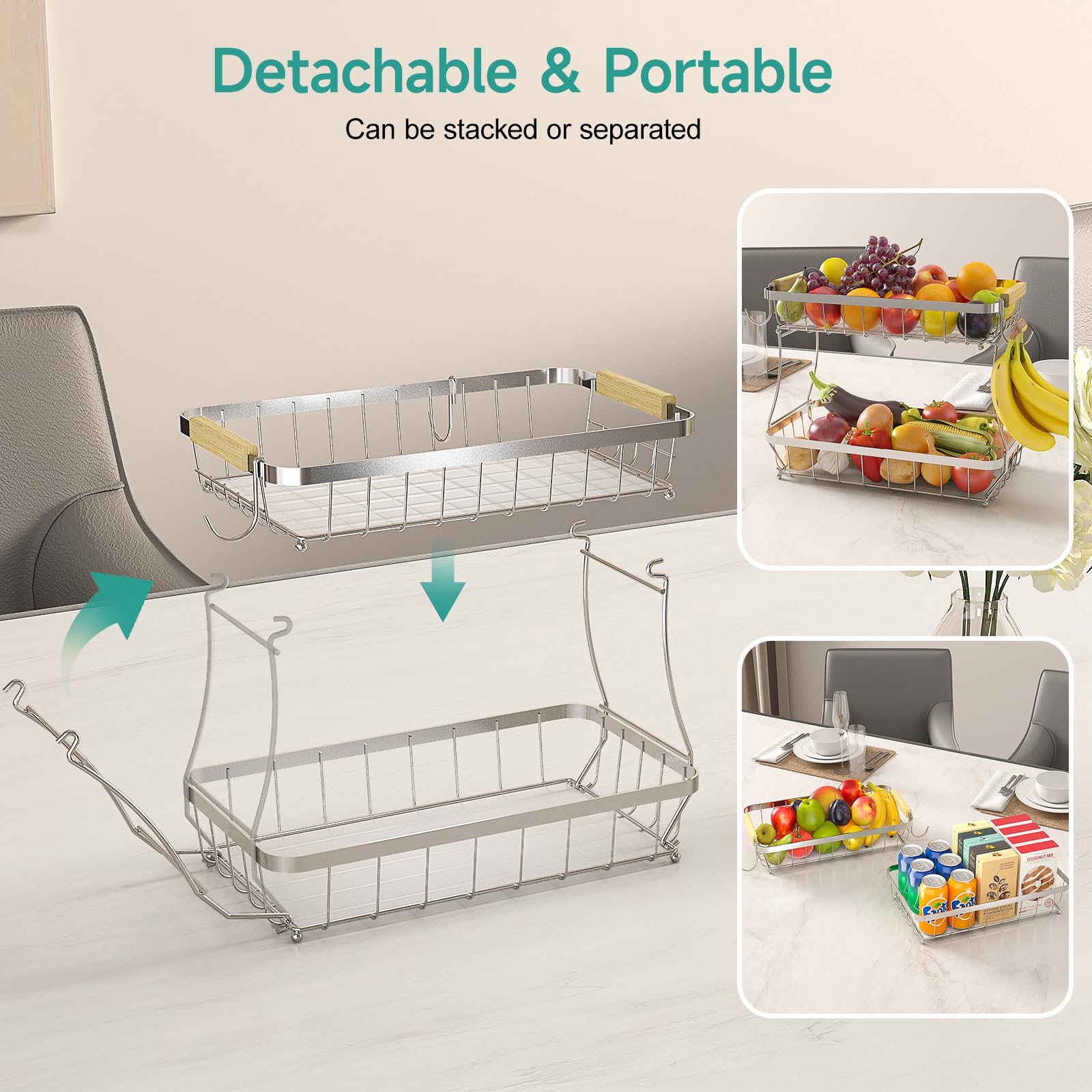 Sevenblue open design two-tier basket improves air circulation around produce.