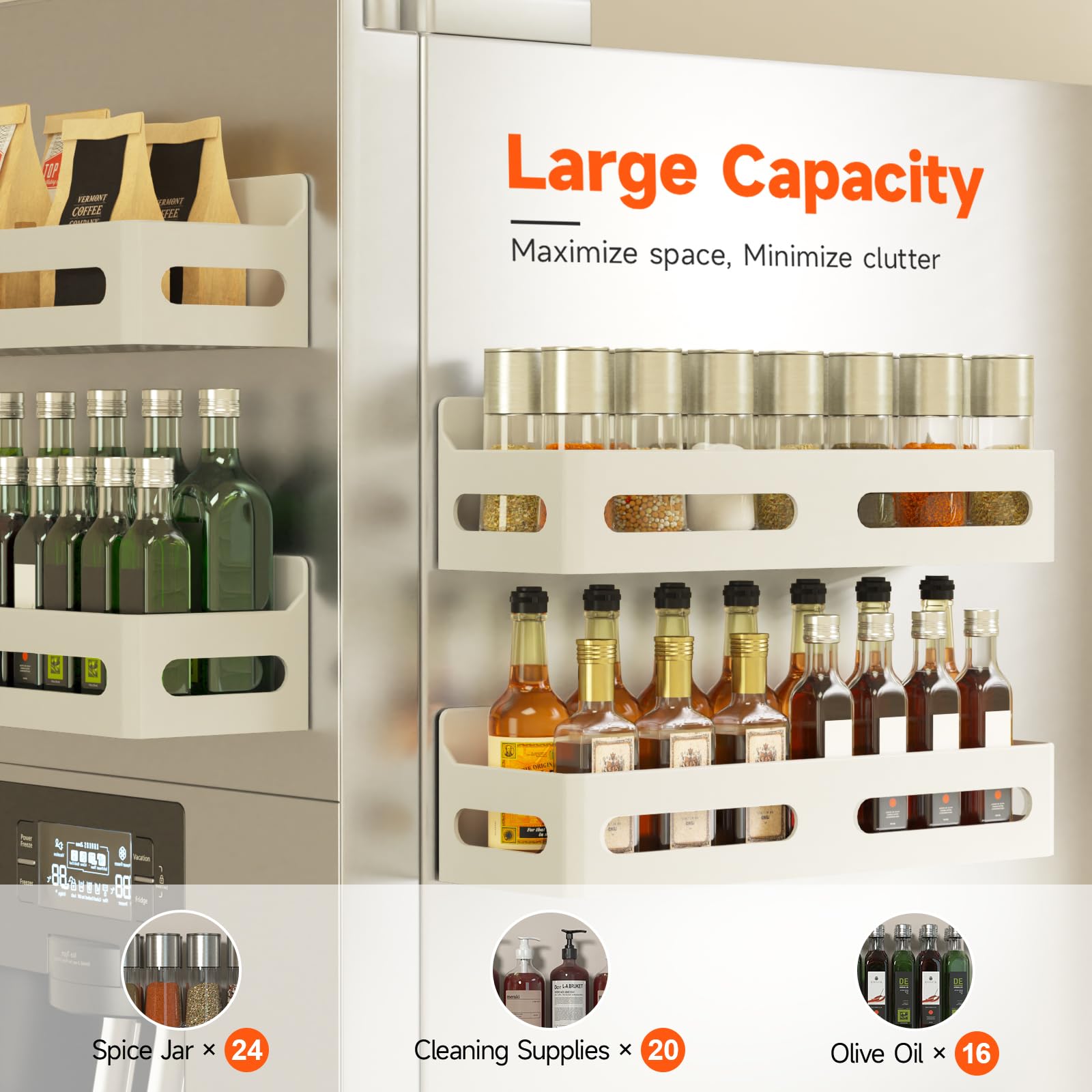 Sevenblue rack shelf holds up to twelve spice jars for compact storage.
