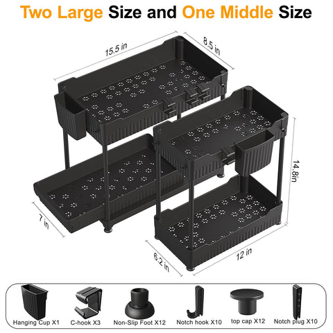 Sevenblue two-tier organizer setup demonstrates versatile storage in a cabinet.
