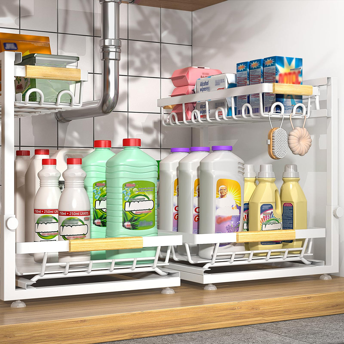 Sevenblue two-tier under sink organizer maximizes compact cabinet storage and accessibility.