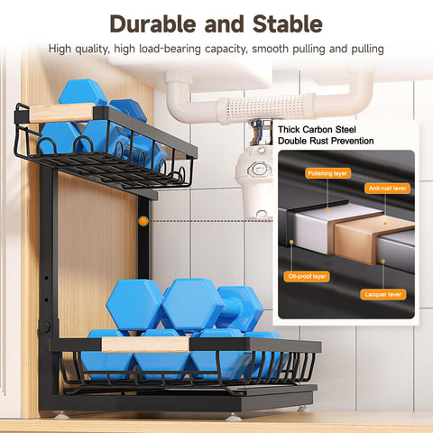 Sevenblue under-sink organizer carbon steel build supports up to 50 lbs.