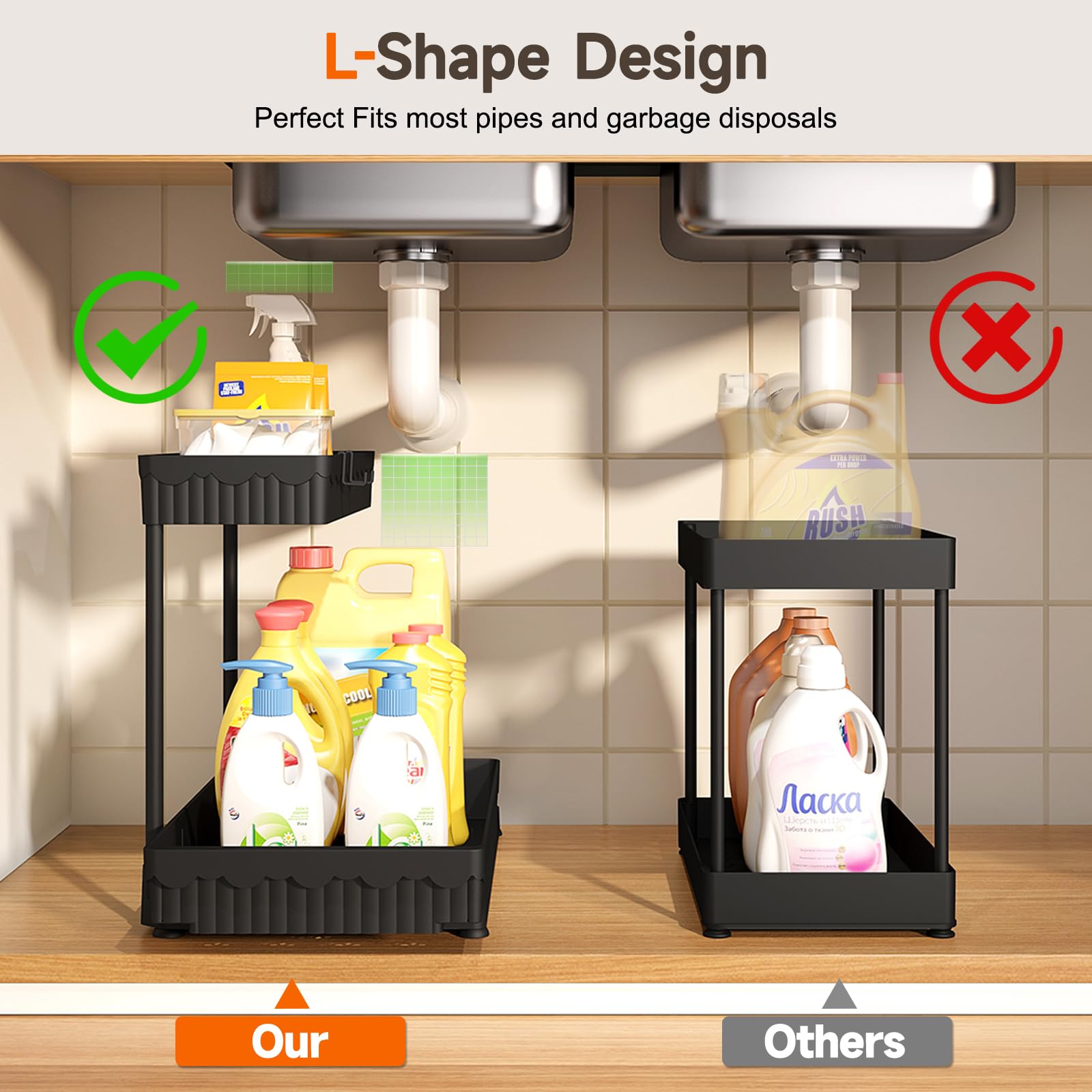 Sevenblue under-sink organizer with smooth sliding drawers for easy access.