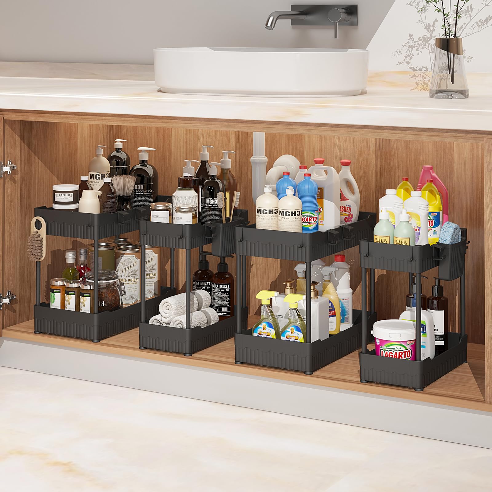 Sevenblue under-sink organizer with a large basket keeps cleaners organized and accessible.
