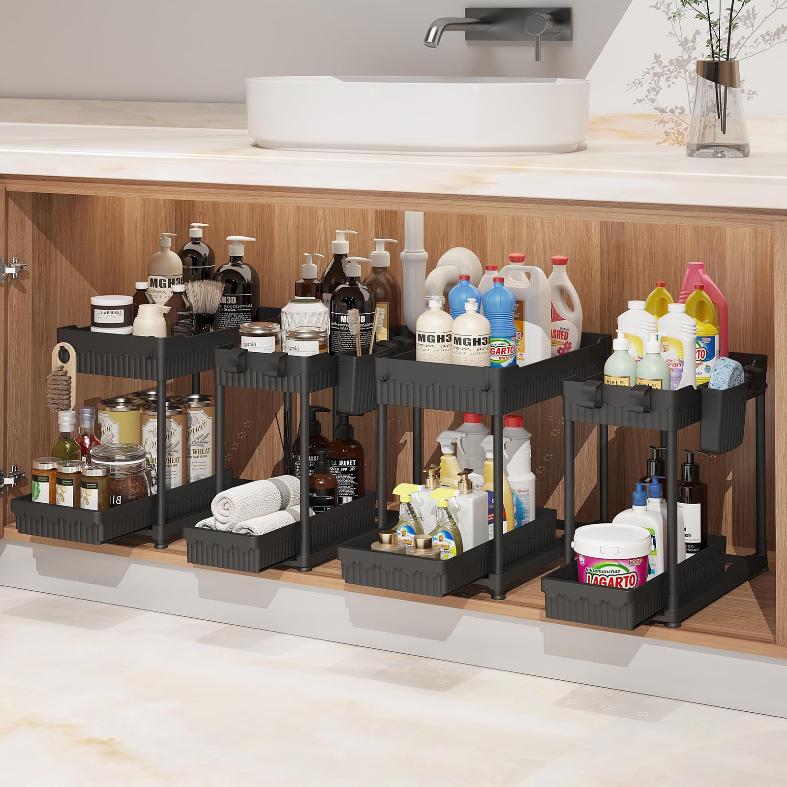 Sevenblue under-sink organizer with a large basket keeps cleaning bottles within reach.