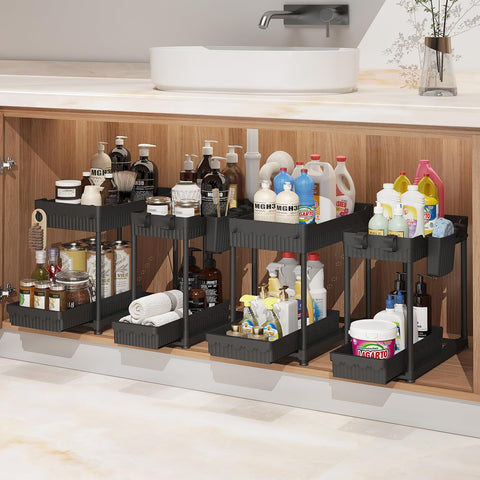 Sevenblue under-sink organizer with a large basket keeps cleaning bottles within reach.