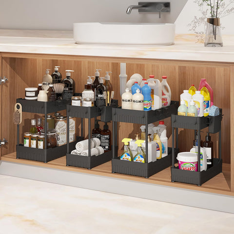 Sevenblue under-sink organizer with a large basket keeps cleaners organized and accessible.
