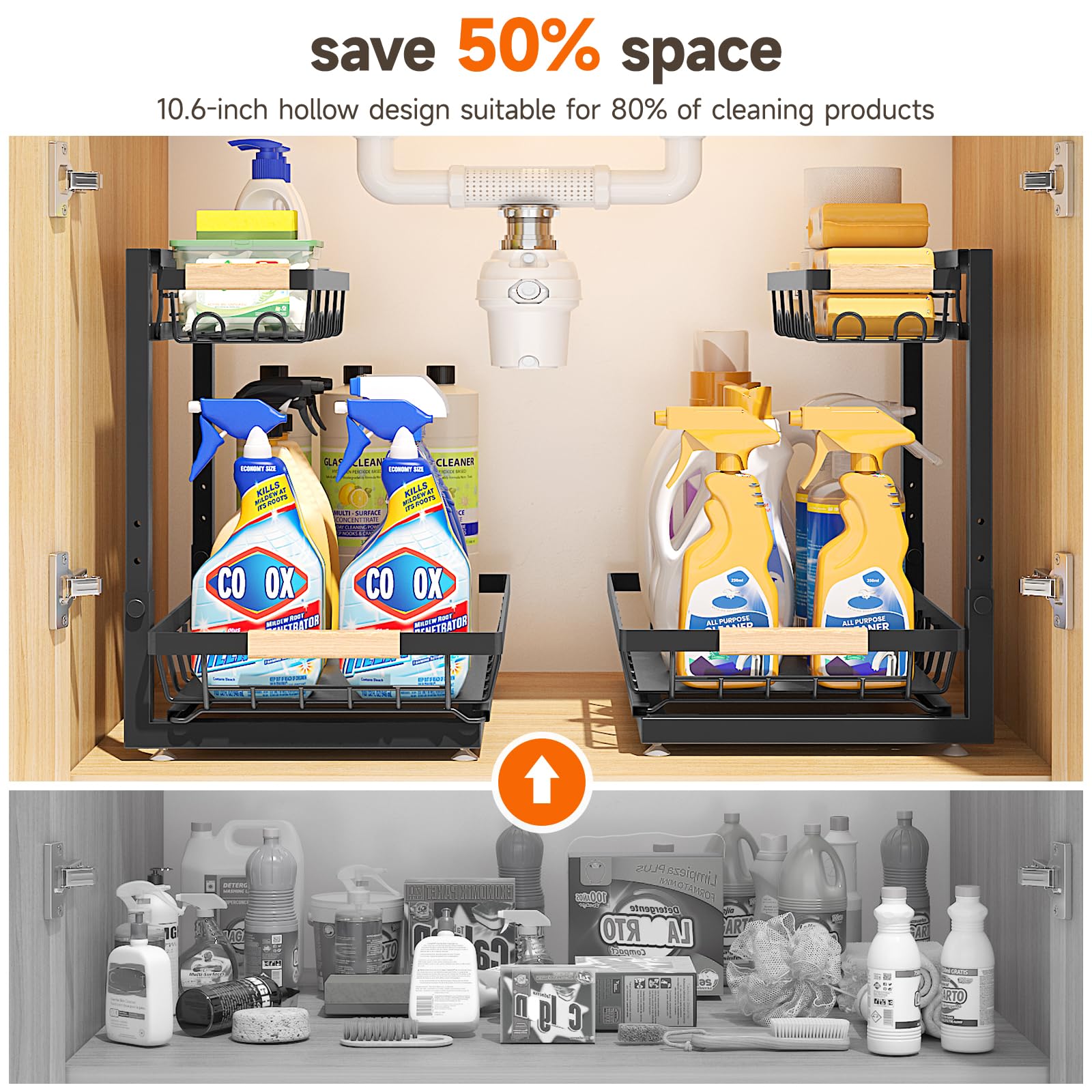 Sevenblue under-sink organizer plumbing-friendly design frees space around pipes.