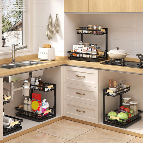 Sevenblue under-sink organizer rust-resistant baked finish keeps its look.