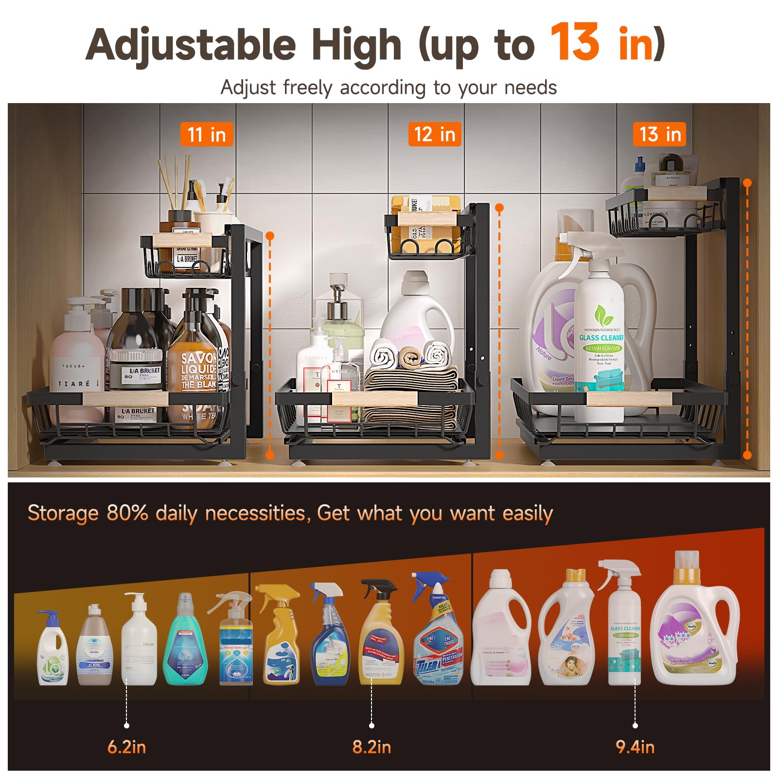 Sevenblue under-sink organizer side view highlights tall bottle compatibility.