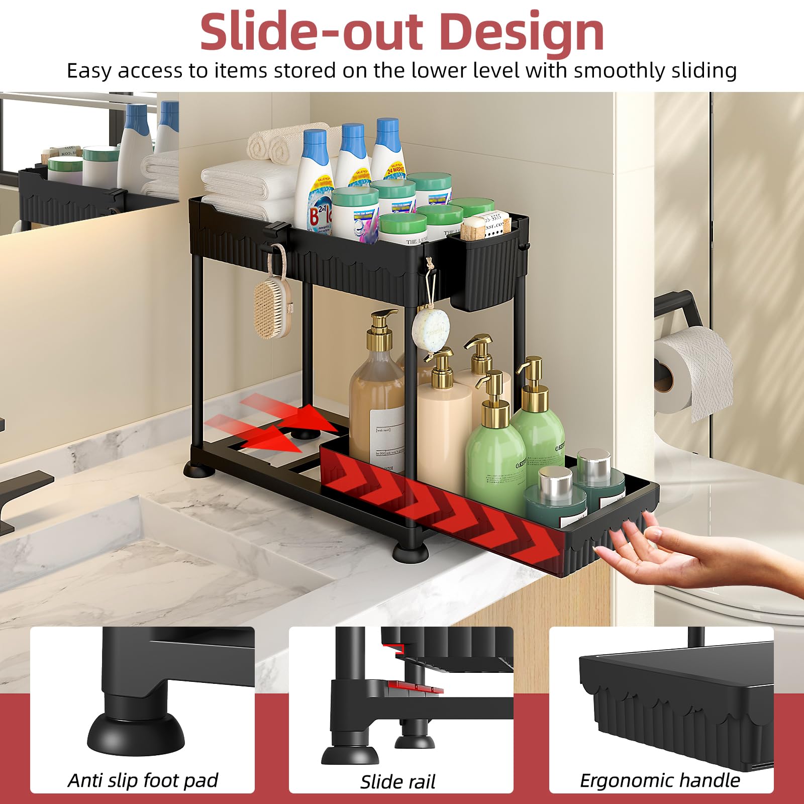 Sevenblue under-sink organizer, small basket, optimizes tight spaces for toiletries.