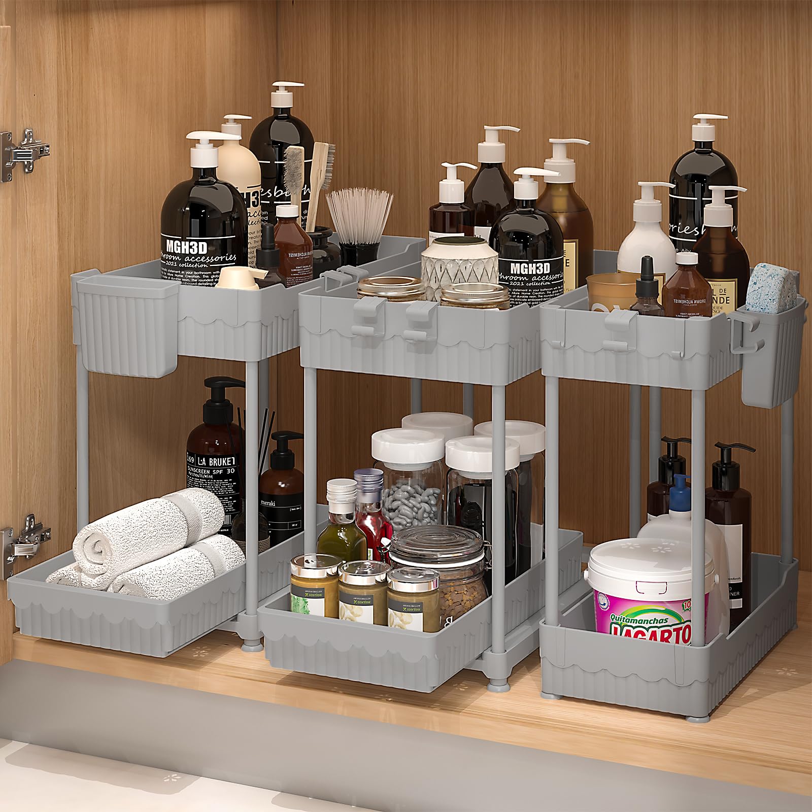 Sevenblue under-sink organizers with sliding drawer for easy access to supplies.