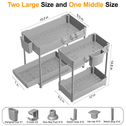 Sevenblue gray finish two-tier rack boosts cabinet organization and item visibility.