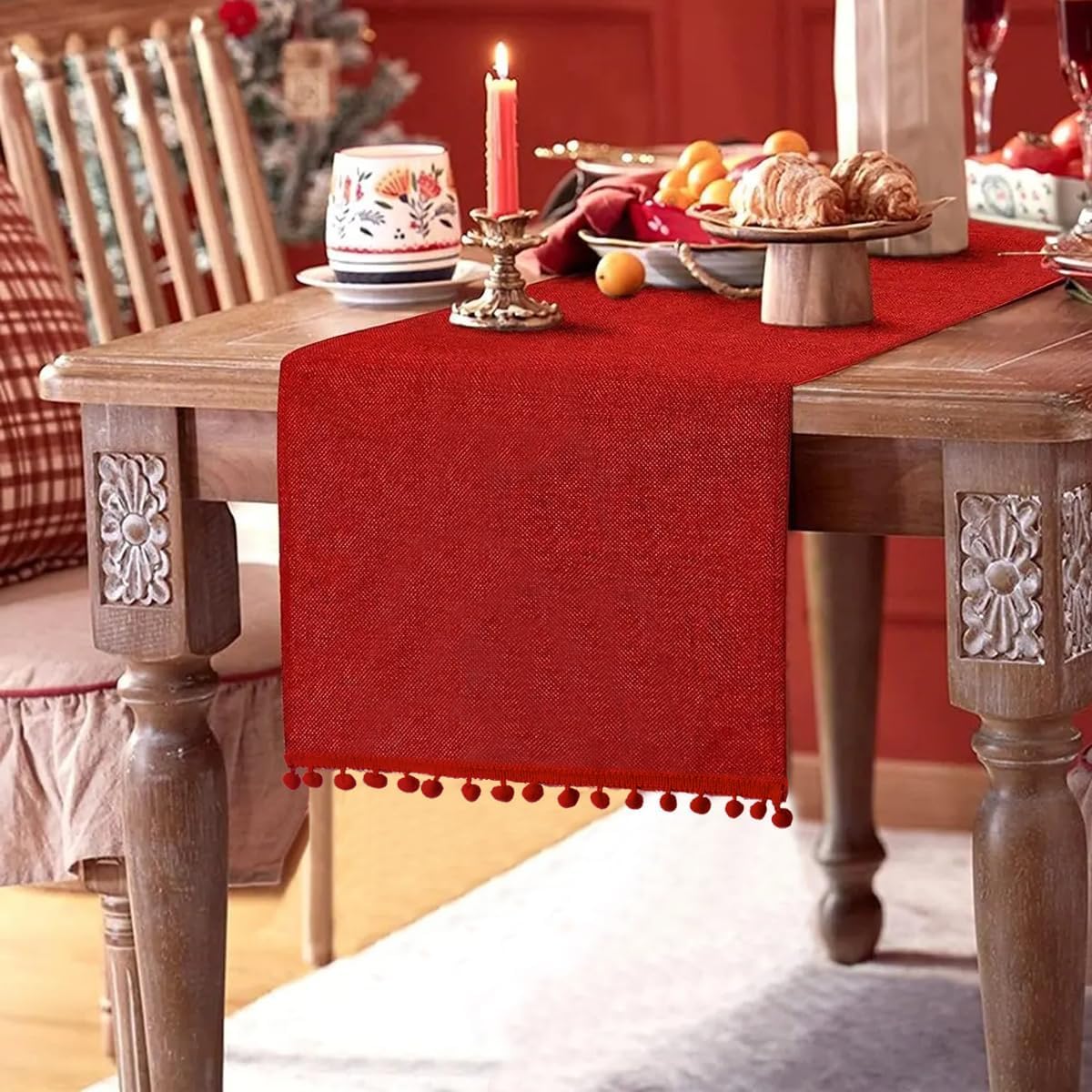 SevenFish Christmas table runner red burlap with pom-pom ends for festive dining