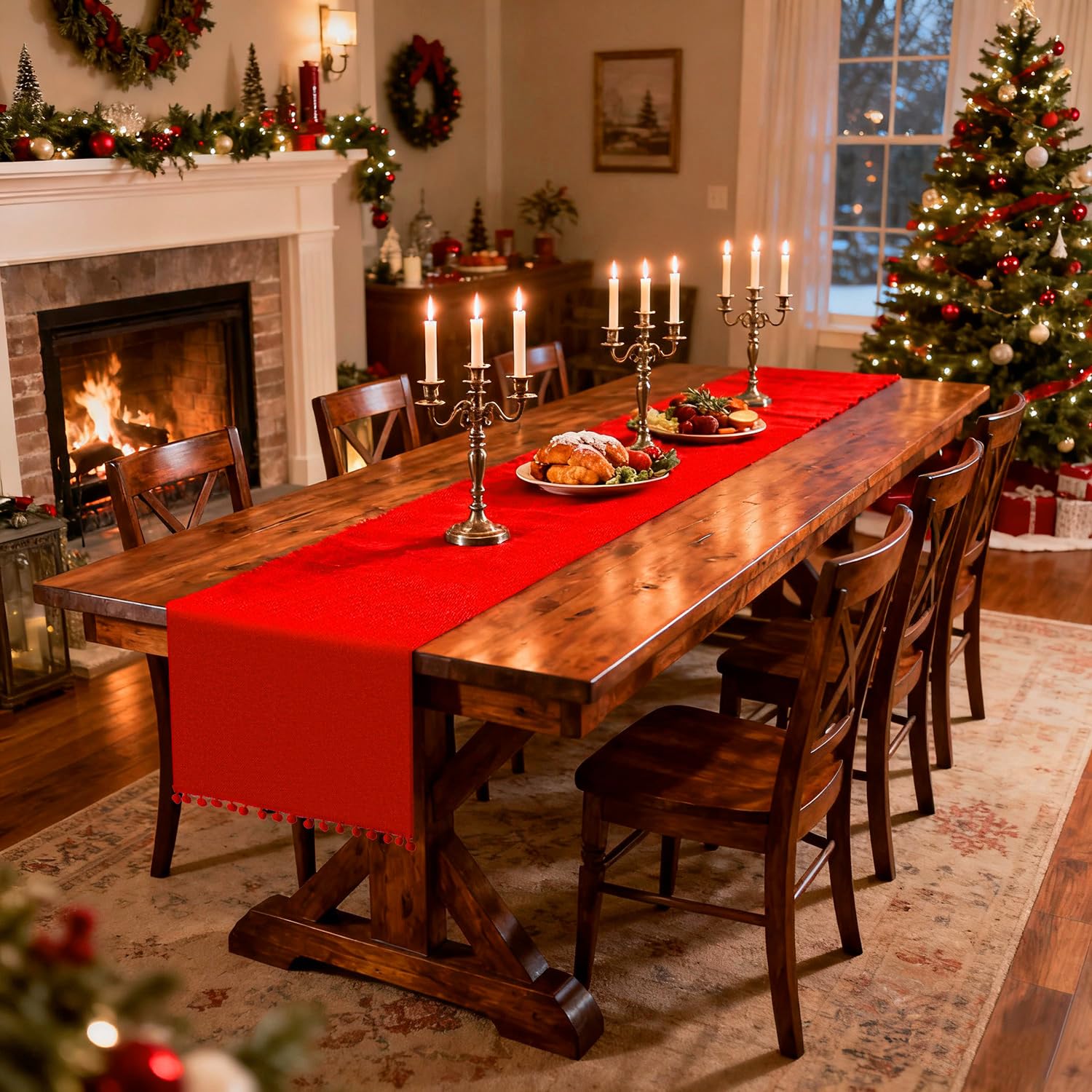 SevenFish red burlap dining table decor for Christmas and seasonal gatherings