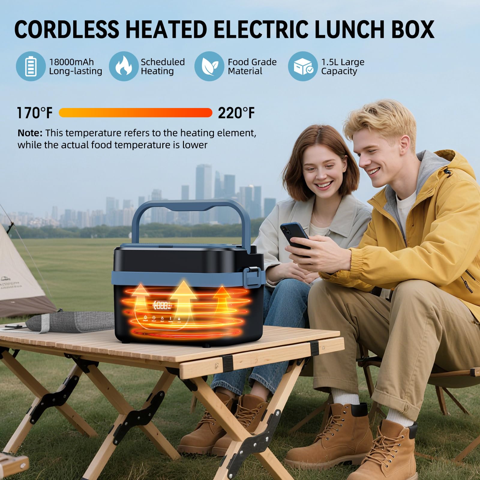 Sevenmeet cordless lunch box open container showing 1.5L capacity for hot meals