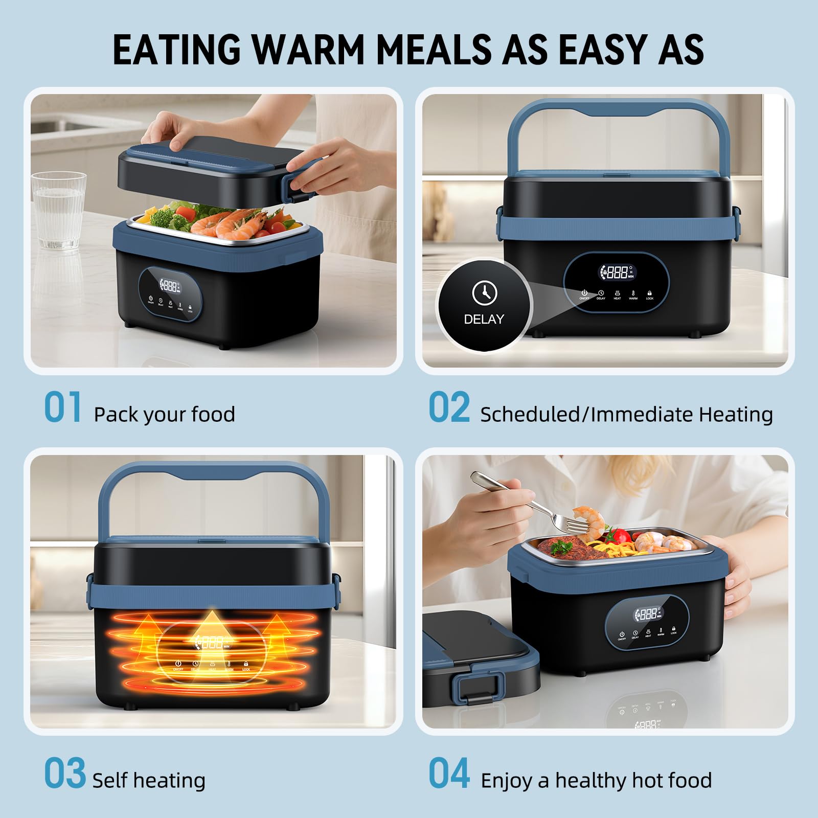 Sevenmeet lunch box heating timer display illustrating scheduled warming feature
