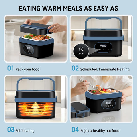 Sevenmeet lunch box heating timer display illustrating scheduled warming feature