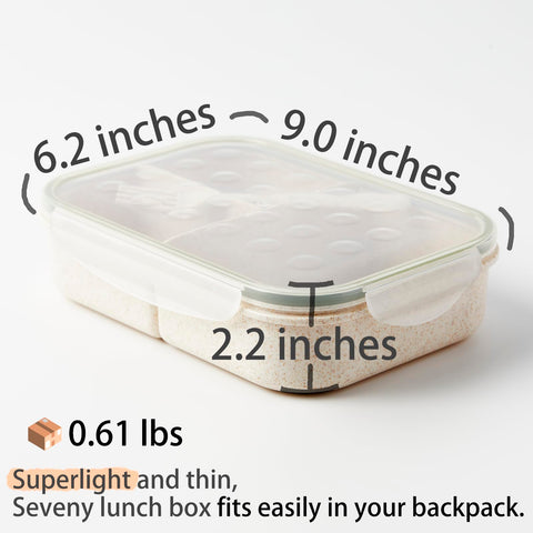 SEVENY Bento Box microwave-safe label suggests quick reheating for convenience.
