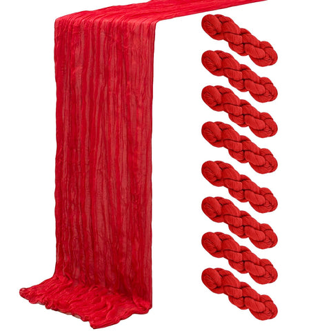 Seveups 8Pack red cheesecloth table runner, 120-inch length, adds elegant rustic wedding charm.