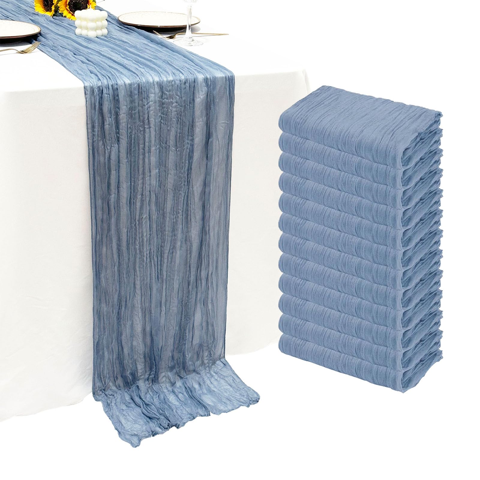 Seveups dusty blue cheesecloth table runner, 20x120 inches, ideal for weddings and banquets.