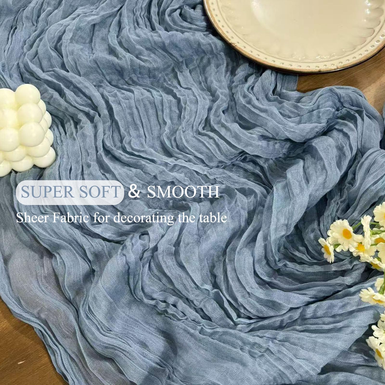 Seveups dusty blue hue table runner for weddings and celebrations.