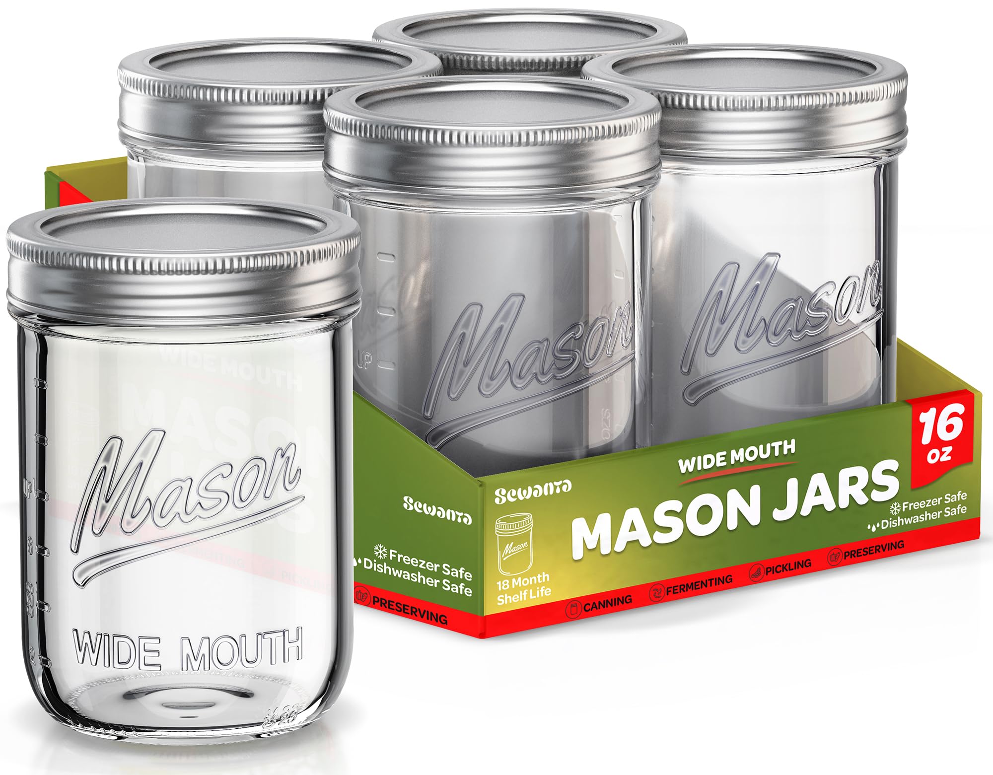 SEWANTA wide-mouth mason jar 16oz ideal for canning and easy pouring.