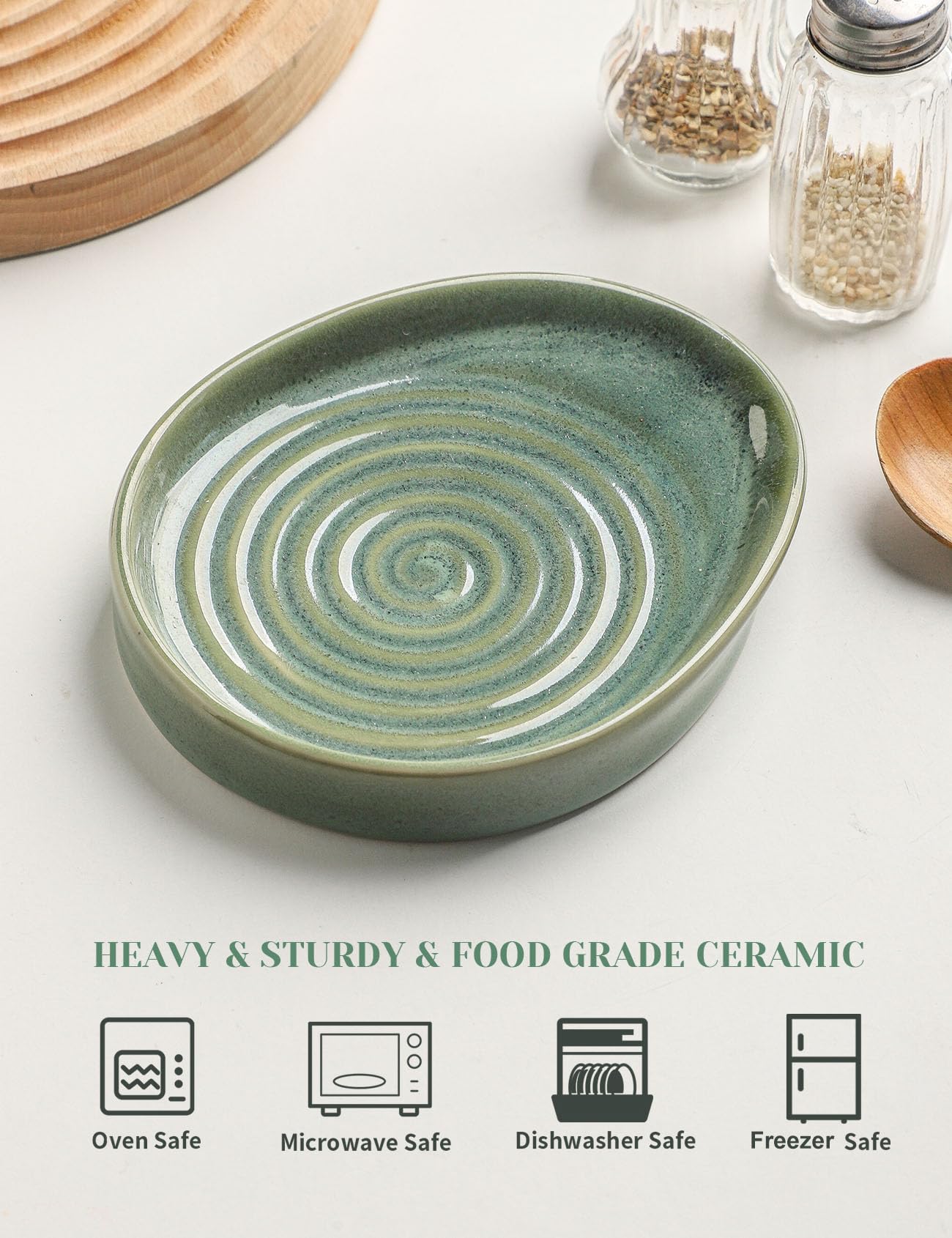 Seyatoo glazed green spoon rest adds color while catching drips.