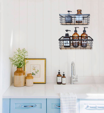 ShabbyDecor toilet paper and sanitizer organizer for a clutter free bathroom counter