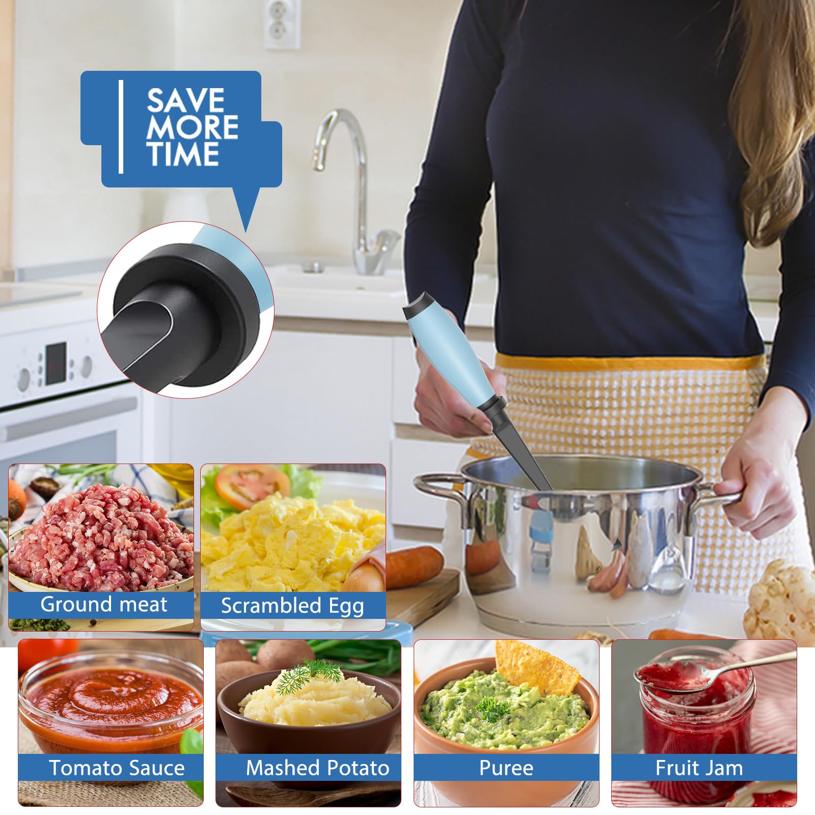 Shadowgallery Meat Chopper Aqua shows beveled blades for thorough mixing and mashing